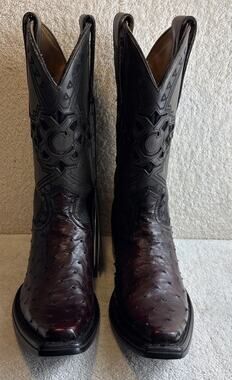 Cuadra Men Black Cherry Ostrich Leather Narrow Square Toe Boots Size 7 EE 64086